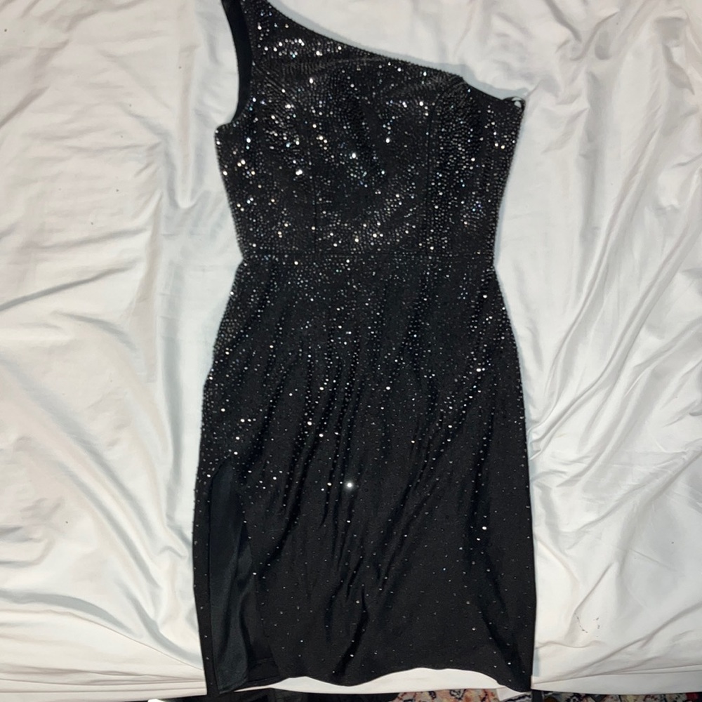 Size 0 Black rhinestone one shoulder dress with side slit